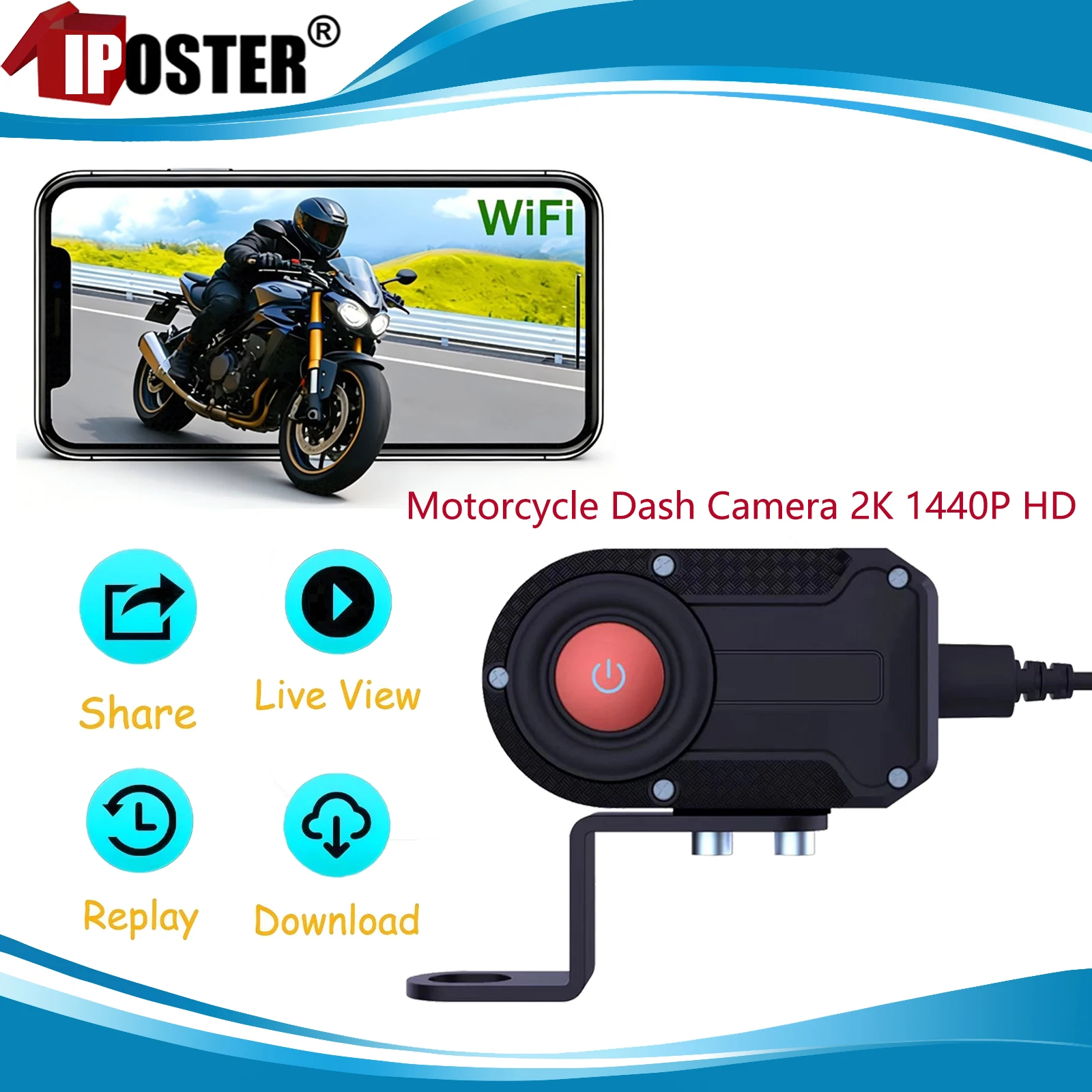 

iPoster For Motorcycle Scooter HD 2K 1440P Dash Camema DVR No Screen Design IP66 Waterproof Support Wi-Fi APP Video Download