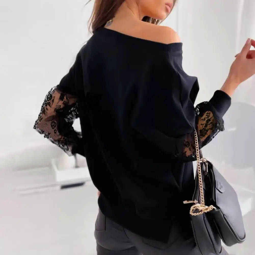 

Simple Stylish Blouse Flower Embroidery Lace Patchwork One Shoulder Blouse for Women Elegant Long Sleeve Soft Pullover Solid