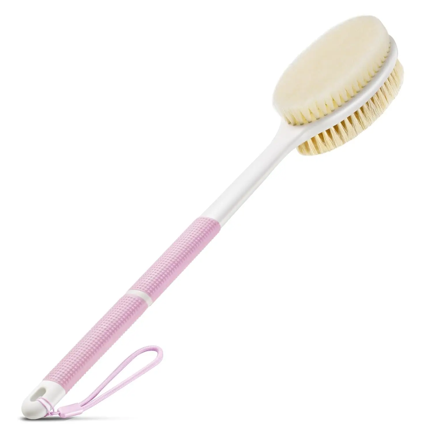 

Long Handle Shower Brush with Stiff and Soft Bristles for Exfoliating Body Scrub in Pink