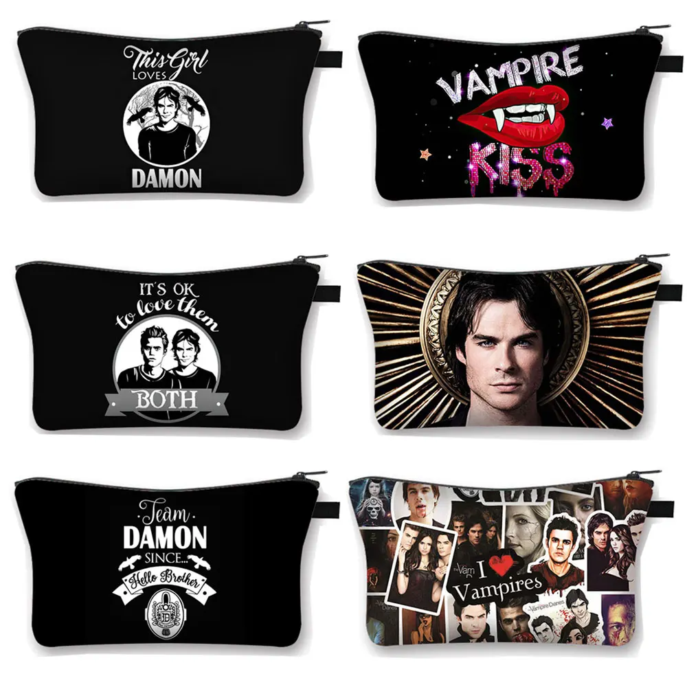 The Vampire Diaries Cosmetic Case DAMON Women Makeup Bag TVD Lipstick Storage Bags Harajuku Zipper Pouch Cute Toiletry Bags