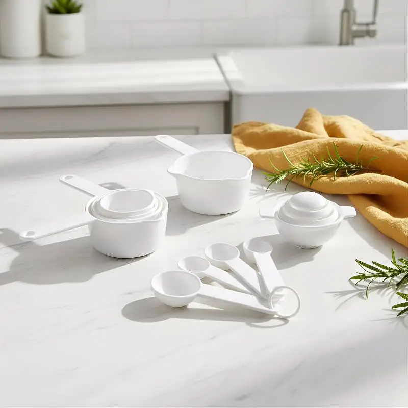 1Set Measuring Cups And Spoons Set White Plastic Kitchen Tools For Baking Cooking Mixing With Accurate Markings