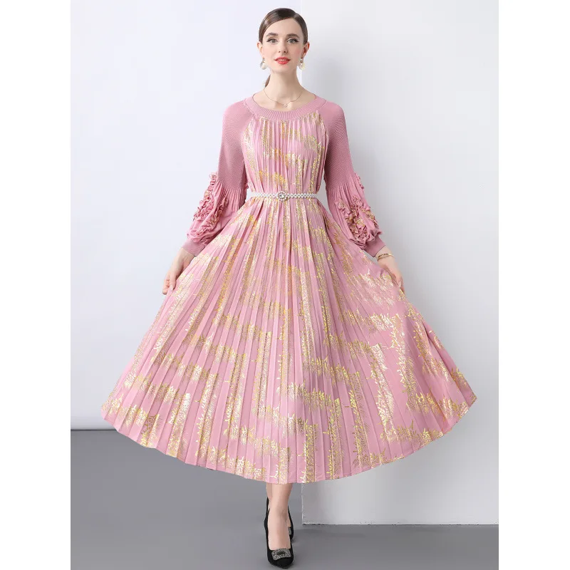 

Cross-Border Faion Women's Dr Remove Middle Link Trendy Pleated Maxi Skirt Long Sve Midi Dr round Ne Chiffon Mat...