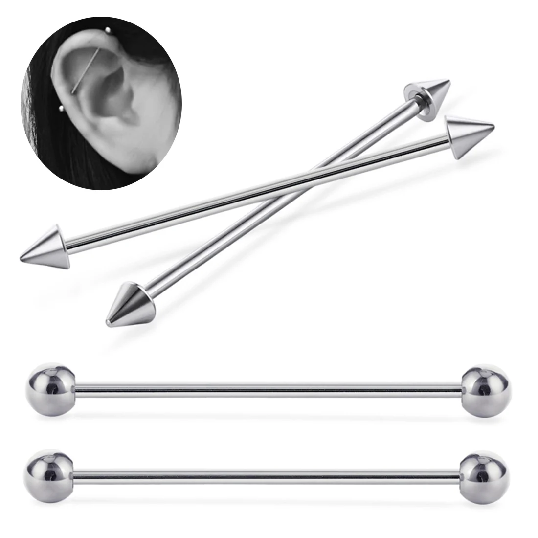 2pcs 14G 1.6mm Stainless Steel Industrial Barbell Long Ear Piercing Helix Tragus Cartilage Earrings Unisex Punk Body Jewelry