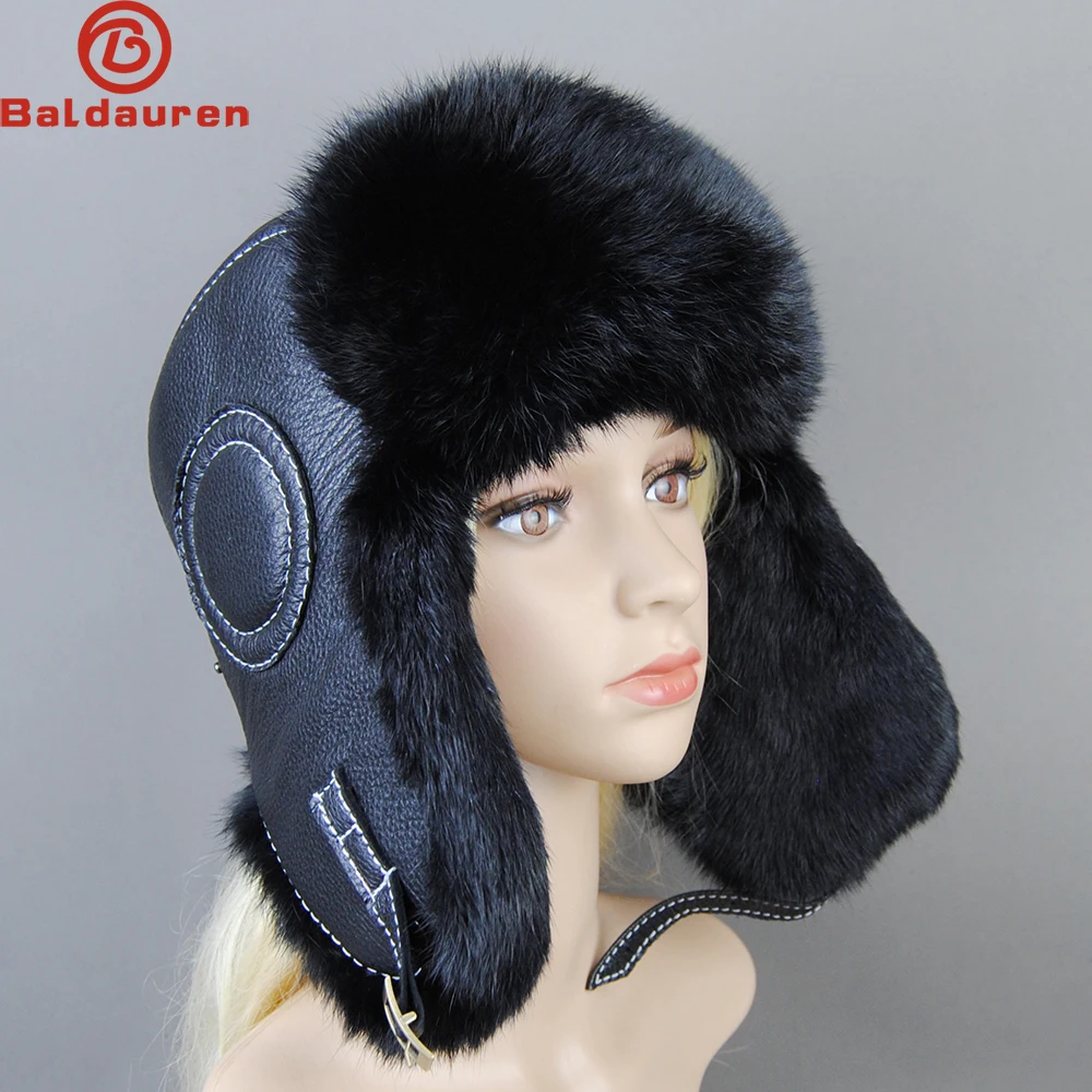 

Hot Sale Winter Women's 100% Real Rabbit Fur Bomber Hat Ushanka Cap Trapper Russian Woman Ski Hats Caps Real Sheepskin Leather