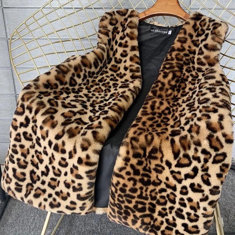 Women's Faux Mink Fur Leopard Print Winter Mid-length Faux Fur Waistcoat Warm Vest Waistcoat Outerwear Soft Women Jacket