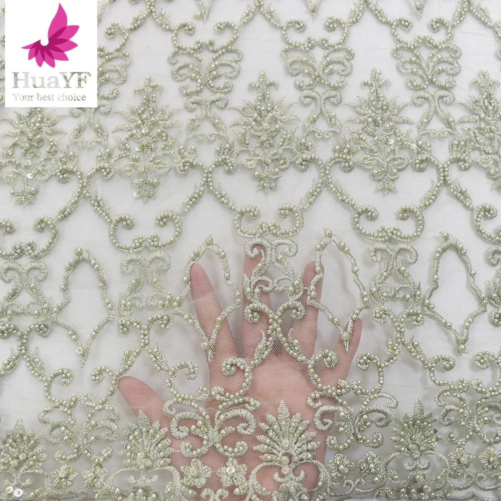 Exclusive HandWork Embroidery Heavy Beads Tulle Lace Net Pearls Fabric For Wedding Dress HY1208