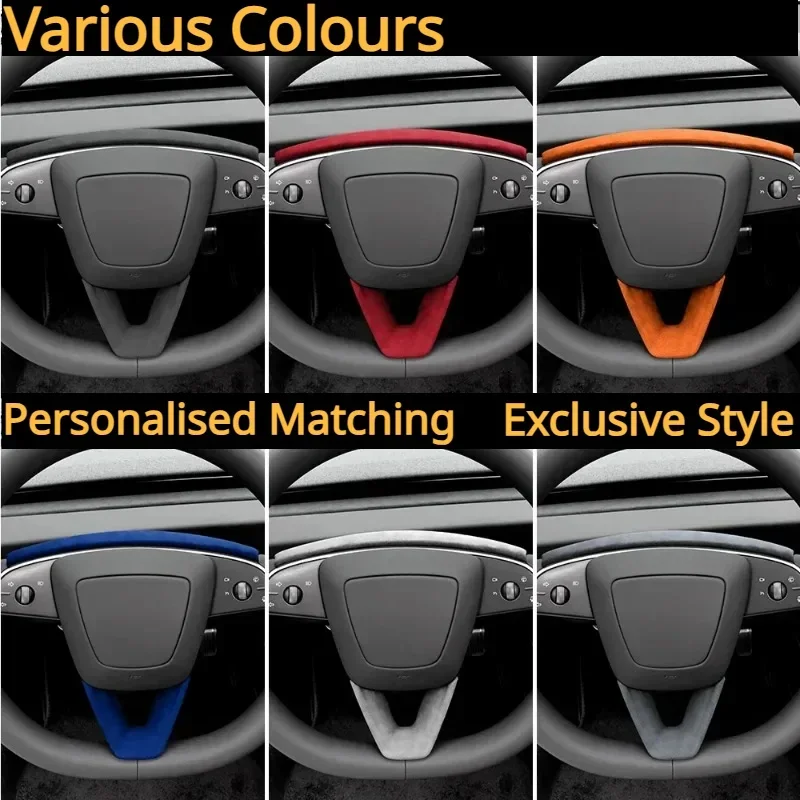 For New Tesla Model 3+ Highland 2024 Steering Wheel Trim Panel Alcantara Suede U-shaped Steering Wheel Cover Decor Accessories