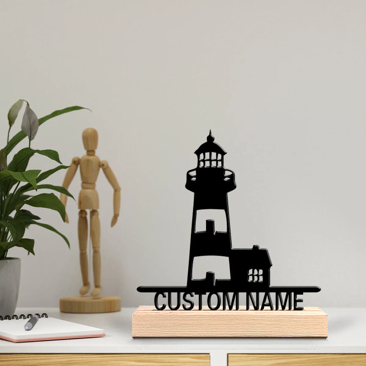 1pc Stylish Personalized Custom Lighthouse Metal Statues Nautical Desk Decor with Wooden Base Perfect for Sailors Beach Houses