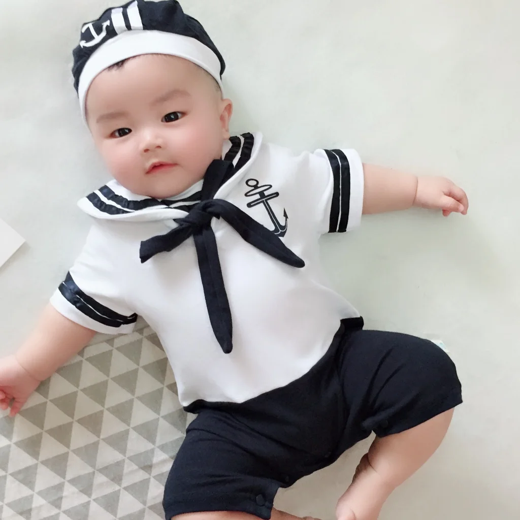 New Born Baby Clothes Set Infant Anchor Sailor Romper White Christening Bodysuit Outfit Toddler Navy Sailor Jumpsuit+hat Costume