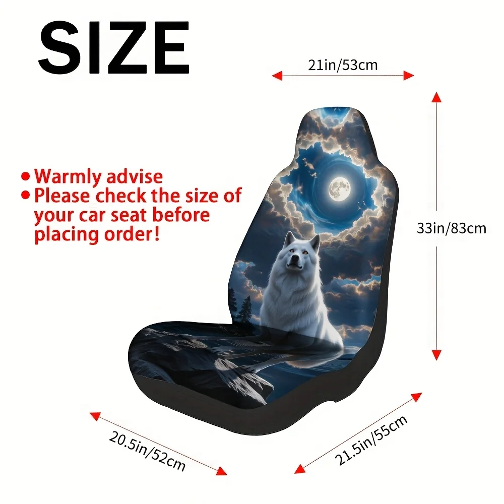 2pcs Mystic White Wolf Night Forest Moon Car Seat Covers - Fit For All Vehicles, All-Season With Wolf & Moon Night Forest Design