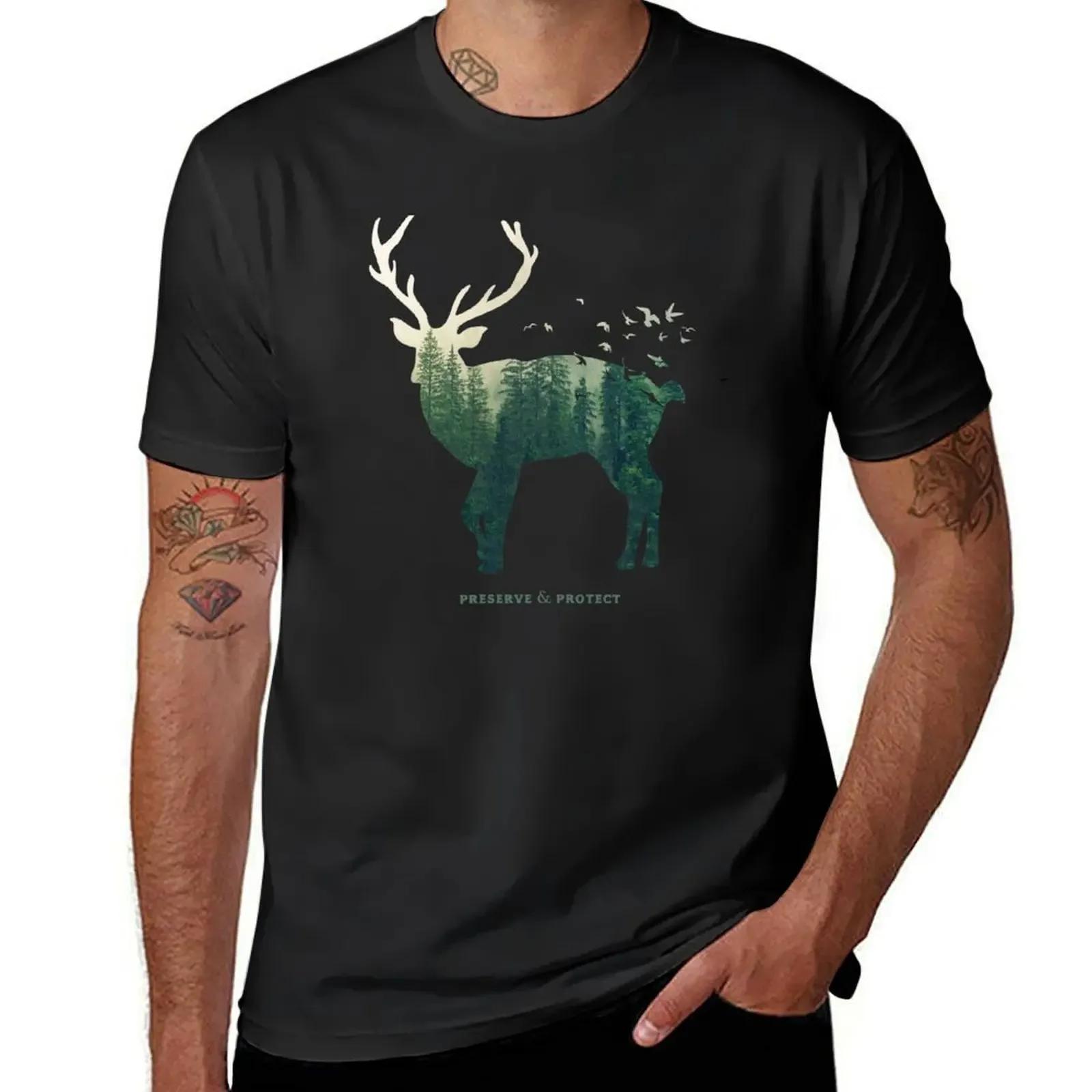 Preserve & Protect Nature Double Exposure Deer Silhouette Trees Forest Save the Environment Climate Change Wilderness Hi T-Shirt