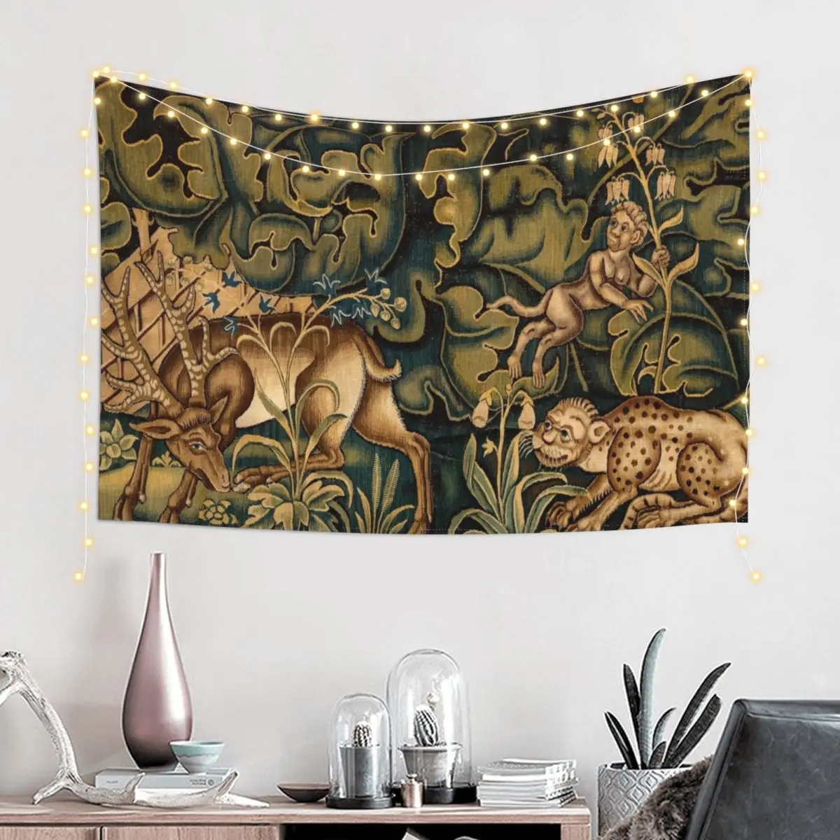 FANTASTIC ANIMALS,DEER ,FLOWERS AND GREEN CABBAGE LEAVES ,Antique Floral Tapestry Cute Room Decor Decorative Wall Mural Tapestry