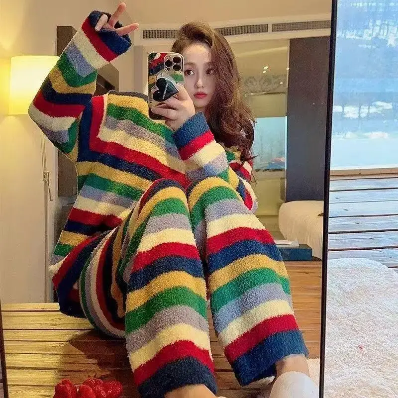 New Product Women Autumnwinter Fashion Soft Comfort Rainbow Striped Pajama Set Long Sleeve Sweet Thickened Warm Home Clothingset