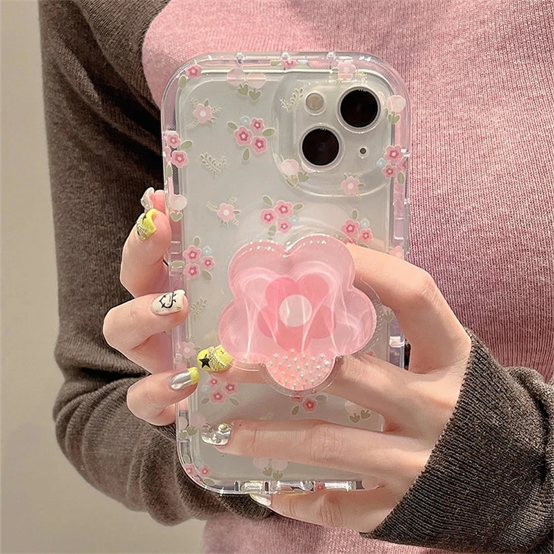 Capa de telefone com suporte de flor rosa para iphone, suporte de areia movediça bonito, capa macia floral transparente, apto para iphone 16, 15,