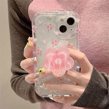 Bonito areia movediça rosa flor titular caso de telefone para iphone 16 15 14 13 12 11 pro max xr x xs 7 8 plus suporte floral claro capa macia