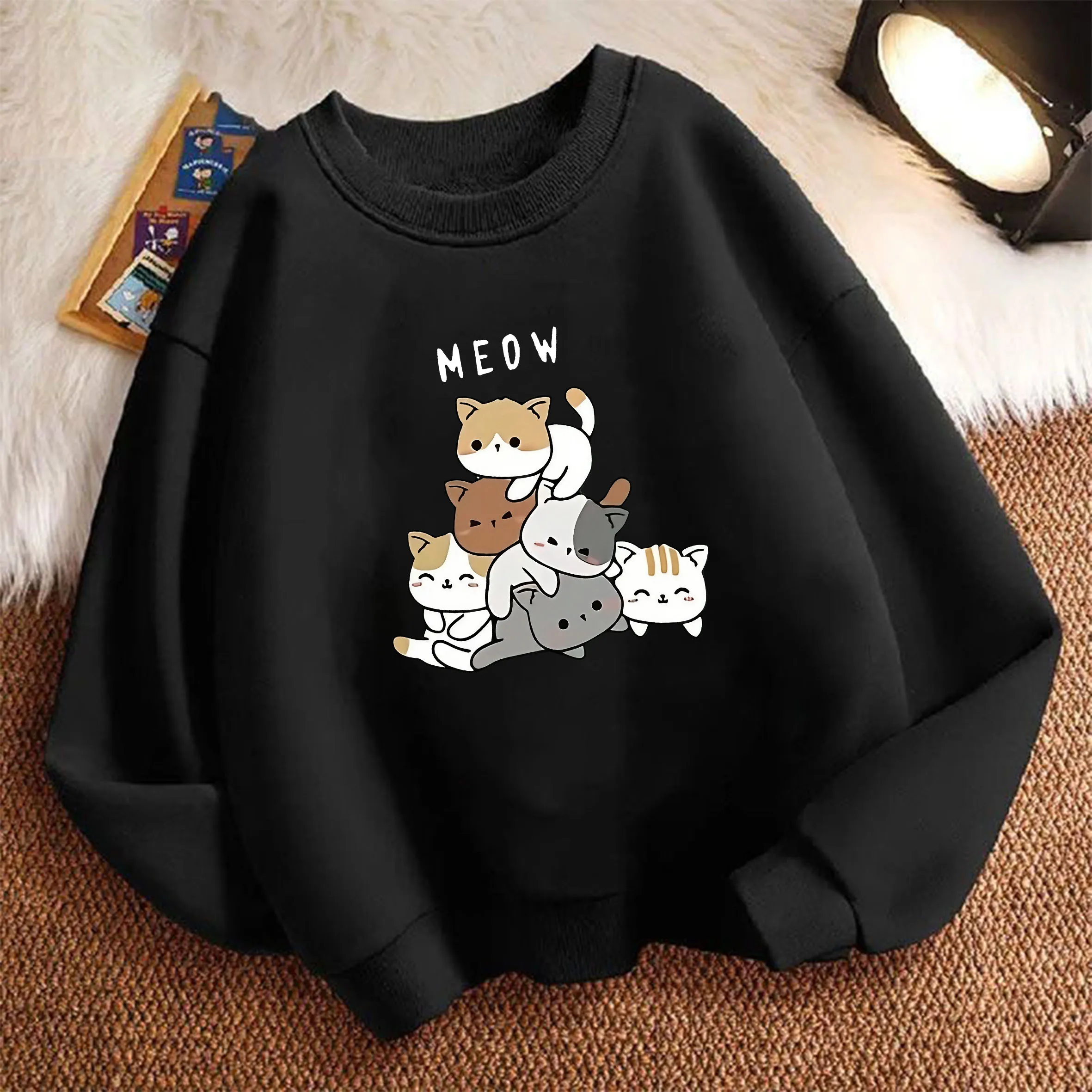 Funny Meow Cat Playful Design Pullover Spring Crew Neck Graphic Print Hoodie Boy/Girl Kids Hoody Children's Sweatshirt