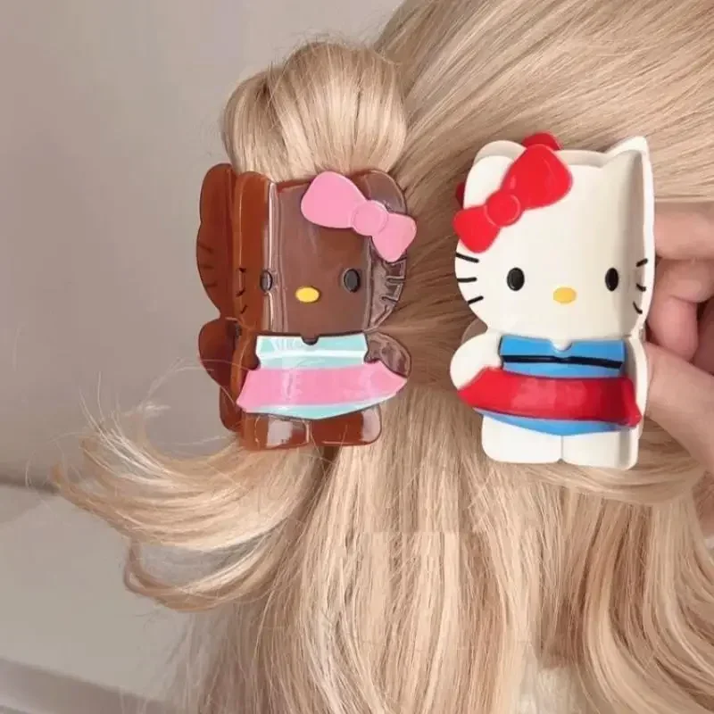 Kawaii Sanrio Y2K Anime Black Leather Hello Kitty Hair Clip Cartoon Cute Girl Big Clip Hair Bun Hairpin Akcesoria do włosów Prezent