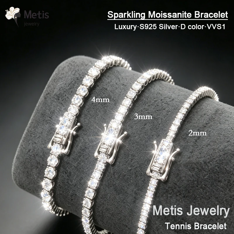 DVVS1 Moissanite Tenni Bracelet 2/3/4mm Pass Diamond Test 925 Silver White Gold Plated Classic Tennis Bracelet Jewelry for Women