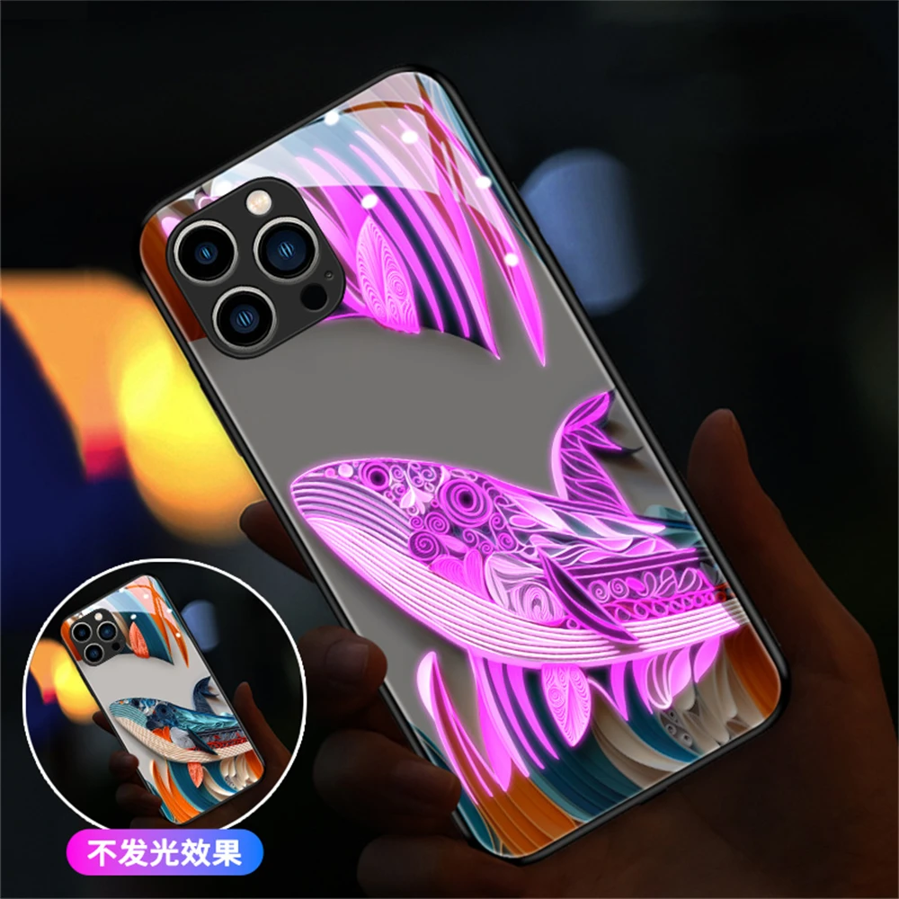 Animal Origami Design Smart LED Light Glow Tempered Glass Phone Case For Samsung S24 S23 S22 S21 S20 FE Note 20 Plus Ultra A54