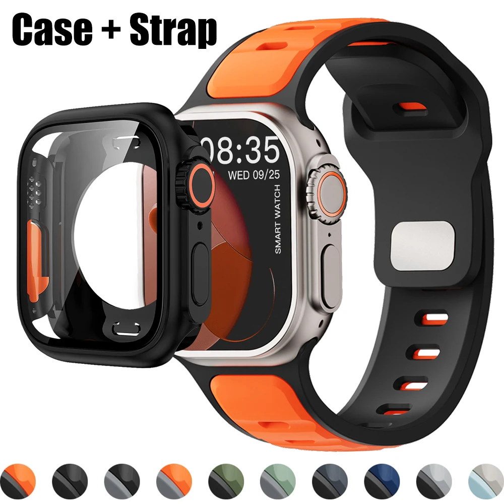 

Strap+Case for Apple Watch 46 45 44mm Silicone Band PC Protector Cover Bumper for Iwatch 10 9 8 7 6, Change To Ultra Accessories
