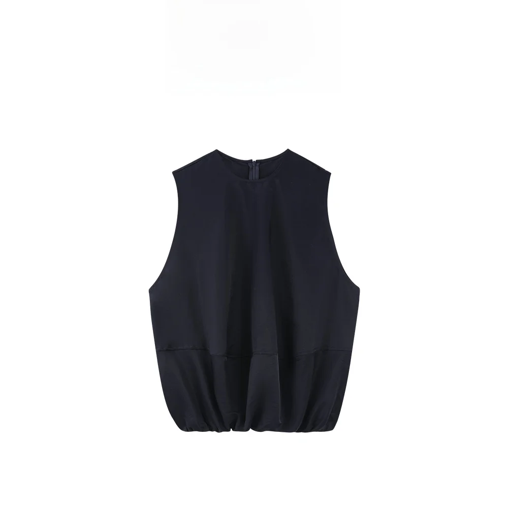 

MANNALA Fashionable Commute Light Balloon Sleeveless Waist-Cinched round Neck Top in Lyocell Fiber for Women