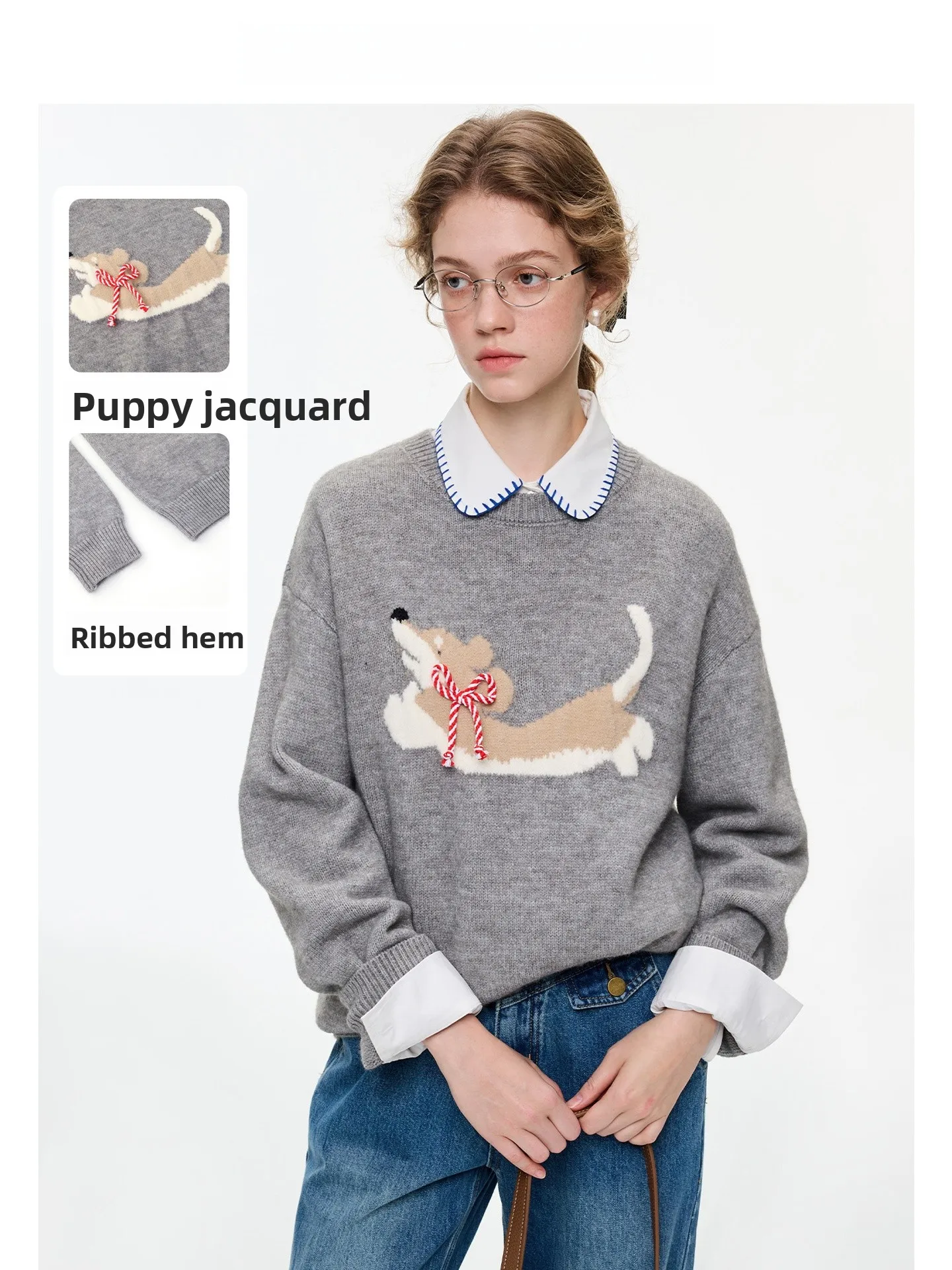 

Cute Corgi Pattern Knitted Sweater Women's Casual Soft Winter Top VEGA CHANG Korean Sle round Ne Long Sve Loose Fit