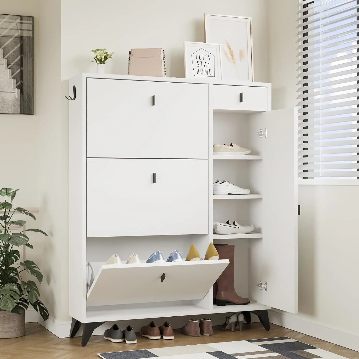 Cabinet-Freestanding Shoe Storage Cabinet 22 Pair Shoe Rack Storage Organizer with 3 Flip Drawers-White Shoe Organizer Cabinet