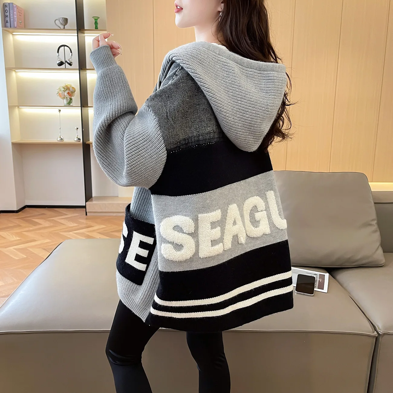 カーディガン女性コートフード付きジッパージャケットセーターカジュアルルーズジャンパー Y2k ストリートエレガントニットオープンステッチ秋冬