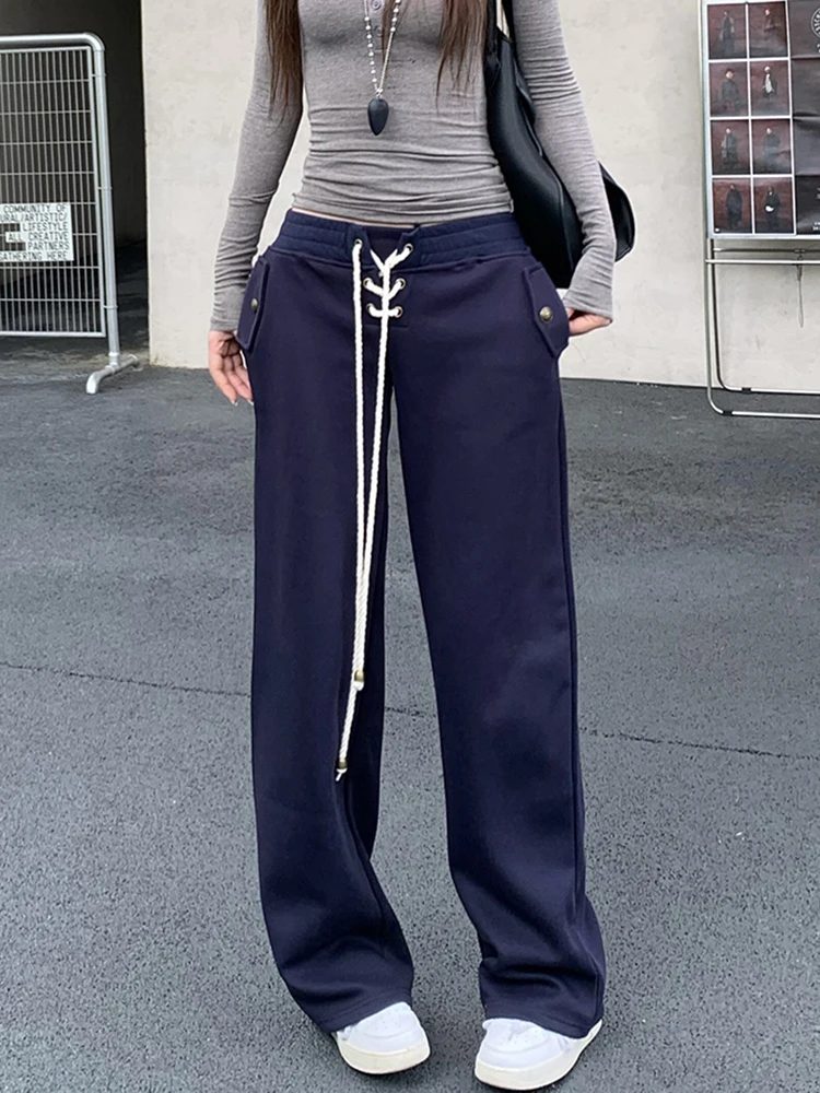 Vintage Wide Leg Pants Women Loose Casual Lazy Wind Bandage Sports Trouser High Waist Preppy Retro Student Straight Sweatpants