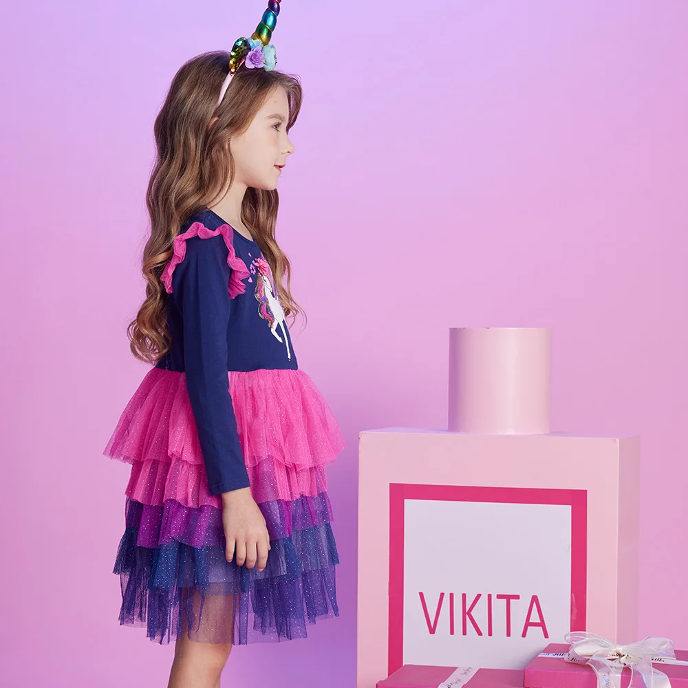 VIKITA Girls Flare Sleeve Autumn Dress Kids Licorne Sequined Appliqued Birthday Party Prom Gown Girls Princess Tutu Dresses