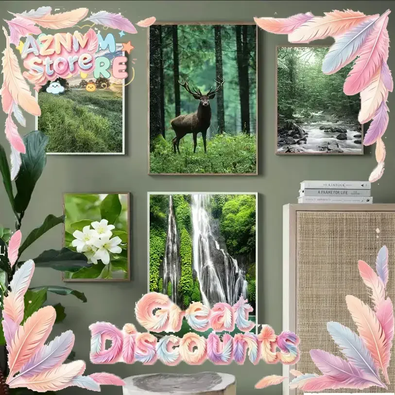 Green Forest Canvas Poster Wild Deer Waterfall Stream Flower Leaf Spring Bedroom Print Painting Nature Landscape Picture Art
