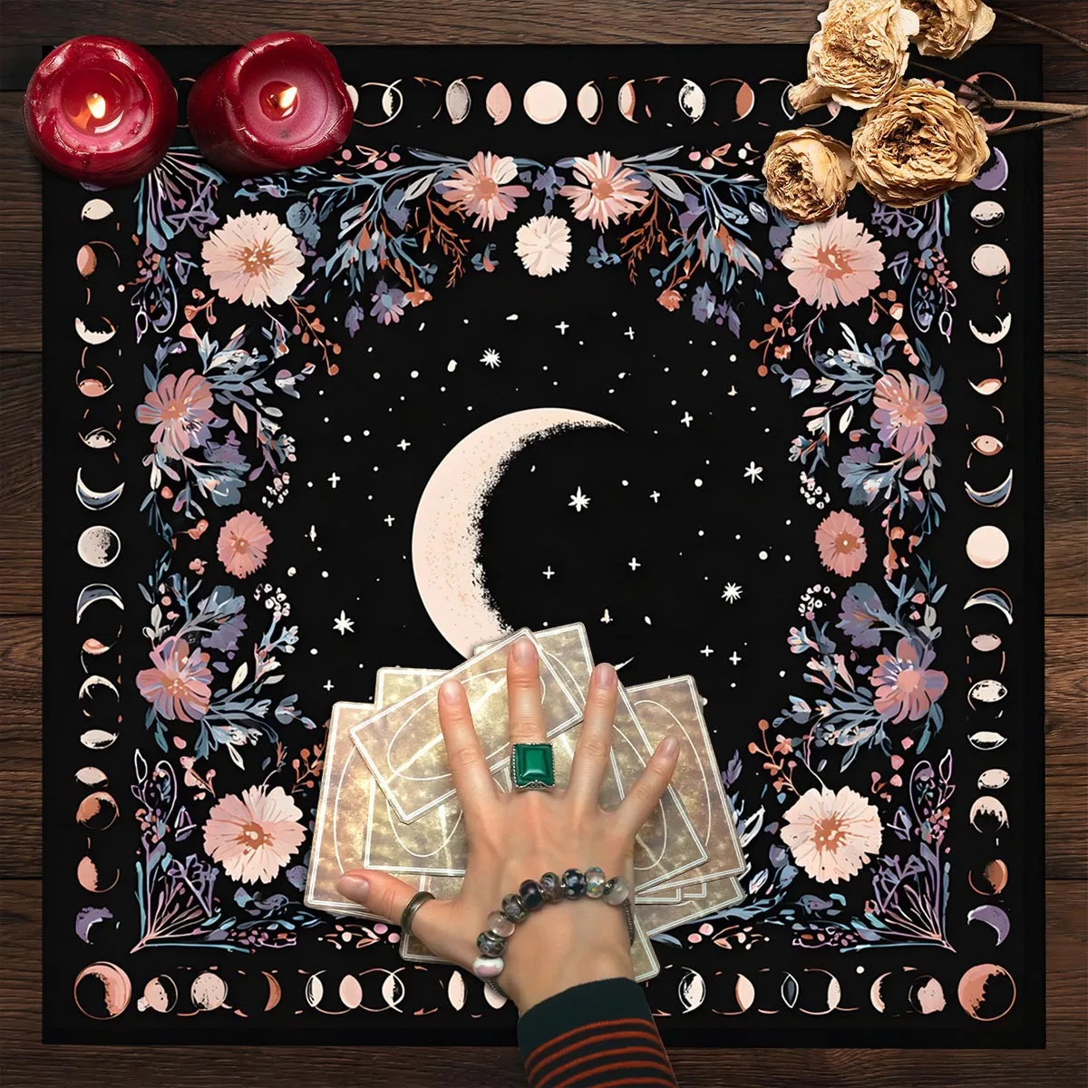 50/75/110/137cm Moon Phase Floral Celestial Divination Tablecloth Gothic Occult Altar Cloth Star Pattern Polyester Tarot Reading