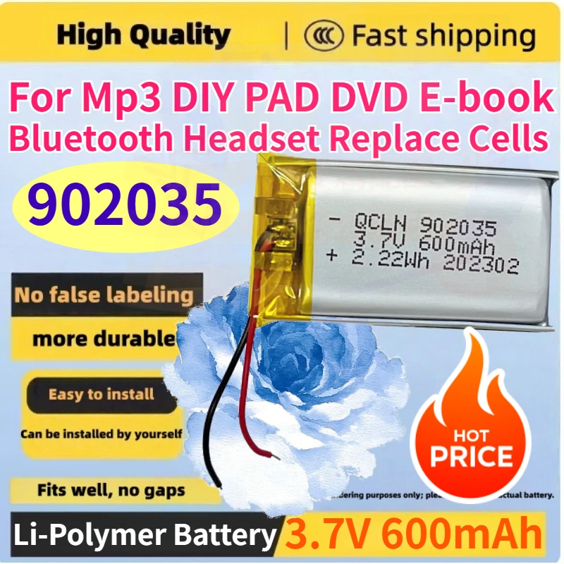 Brand New 3.7V 600mAh 902035 Li-Polymer Rechargeable Battery for Mp3 MP4 DIY PAD DVD E-book Bluetooth Headset Replace Cells