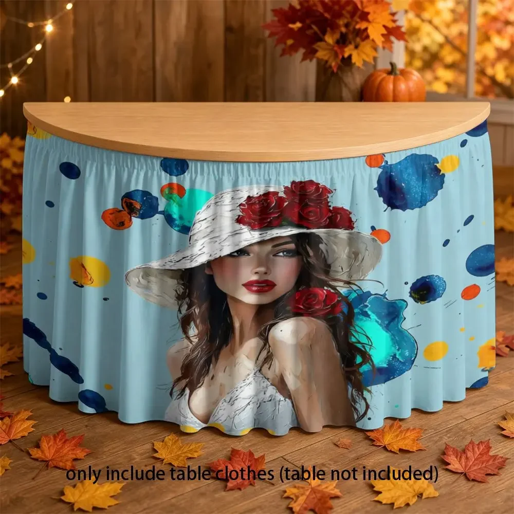 2D multi-functional tablecloth elastic fitting cover, watercolor girl and red rose artistic print