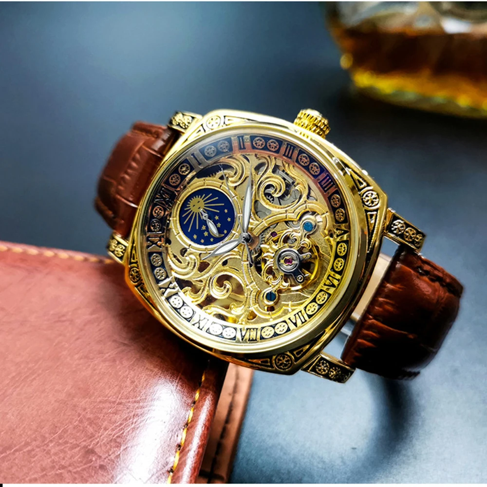 Retro Square Carved Mechanical Watches Moon Phase Tourbillon  Gold Automatic Watch for Men Casual Genuine Leather Belt AOKULASIC