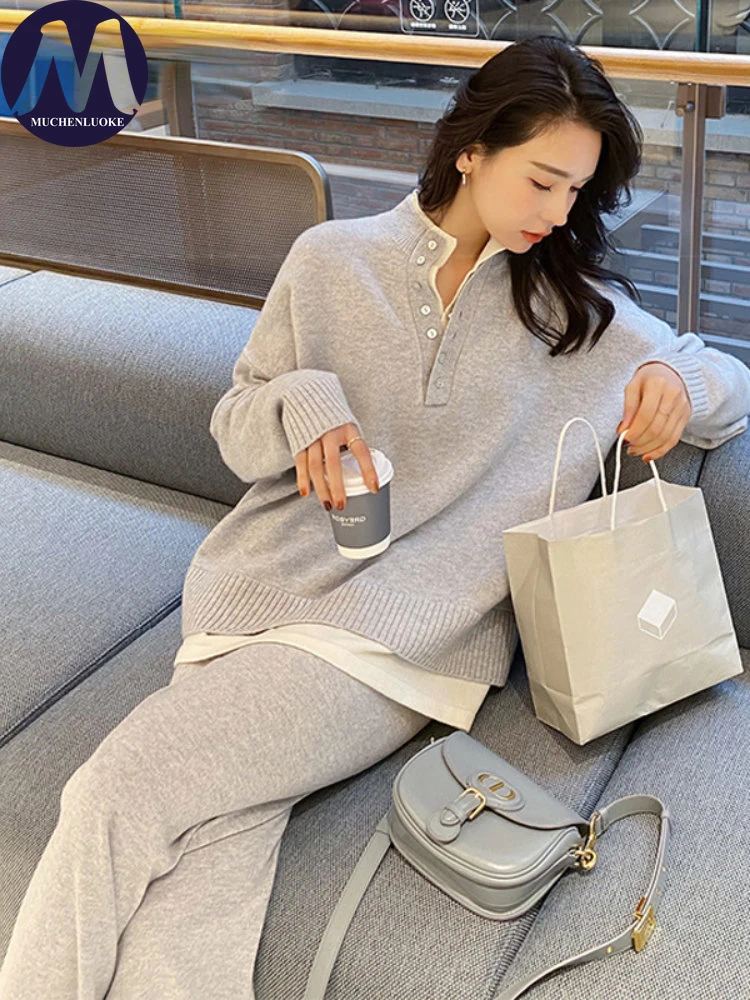 

Elegant Women's Sets Autumn Winter Korean Fashion Knitted Pullover Set Casual Loose Elastic Waist Wide-leg Pants Two Piece Sets