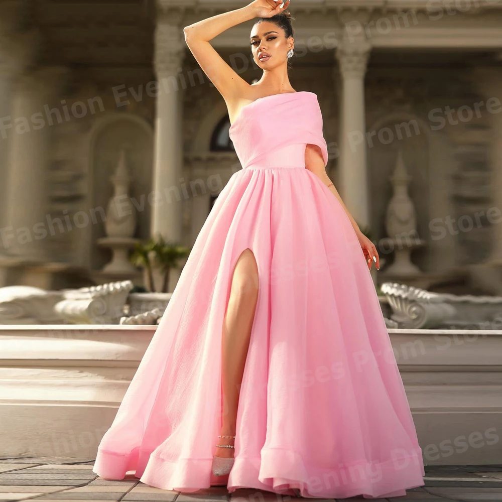 

Simple Pink Women A Line Evening Dresses One Shoulder Prom Gowns Customized شارون سعيد فساتين سهره Slit Vestidos De Graduación