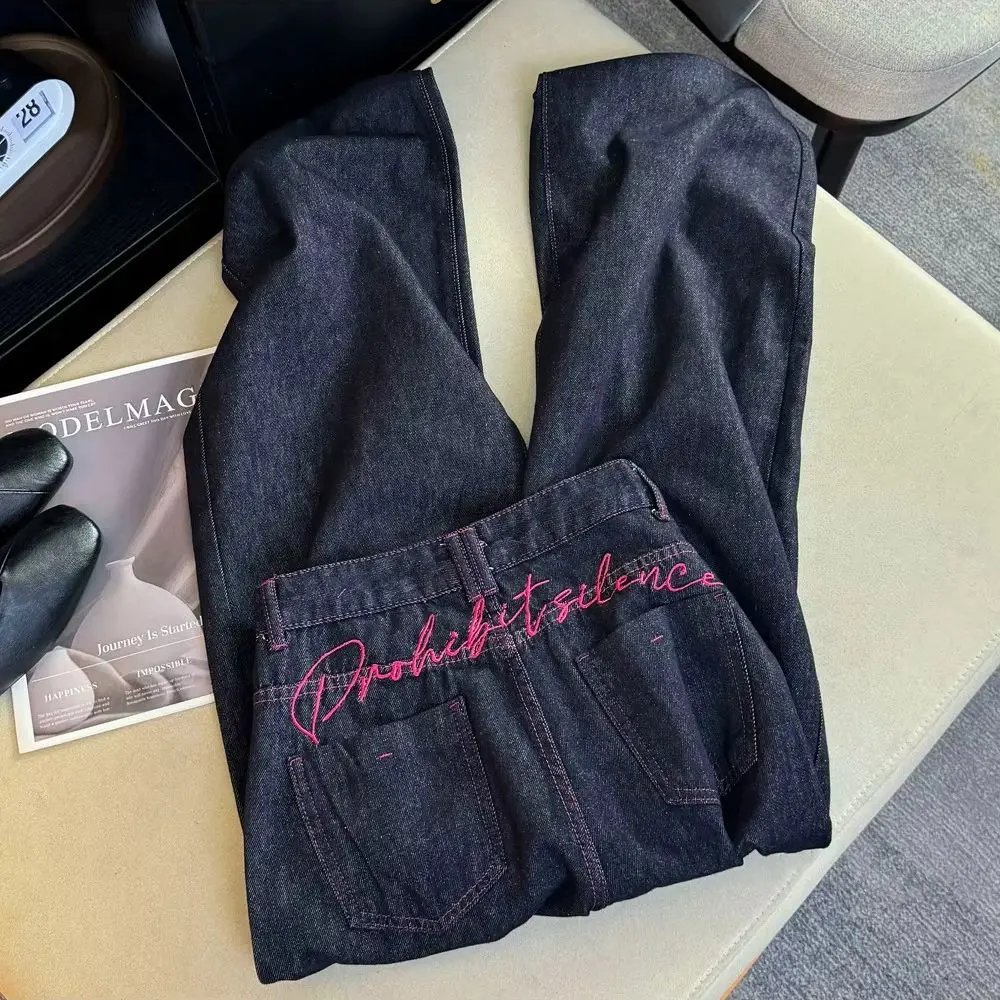 Dark Blue Embroidered Letters Wide Leg Jeans Women Spring Autumn High Waist Loose Straight Denim Pants American Retro Trousers