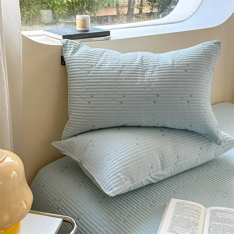 Striped Quilted Cotton Pillowcase with Small Embroidery Ins Style Pillow Cover Breathable Pillow Protector for Bedroom/Dorm Gift