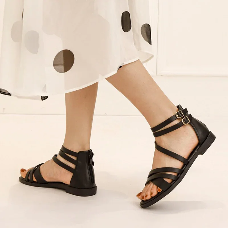 2024 Summer Women 1.5cm Platform 3cm High Heels Zipper Sandals Lady Concise Vacation Roman Shoes Female Thin Band Bohemian Flats