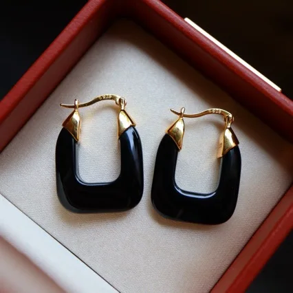 Natural Black Onyx Gemstone U Shaped Geometric Hoop Earrings 925 Sterling Silver Vintage Daily Fine Jewelry Gift For Women