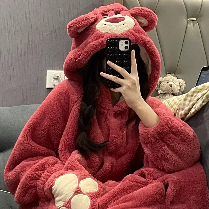 

Kawaii Disney Lotso Cartoon Nightgown Coral Velvet Women Top Pajama Plush Soft Robe Hooded Cardigan Nightdress Home Clothes Warm