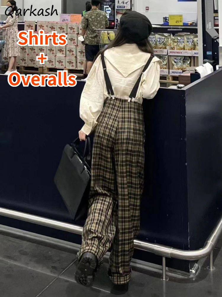 

Autumn 2 Piece Sets Women Vintage Plaid Overalls Japanese Style Cute Girlish Chic Design Long Sleeve Shirts Leisure College New