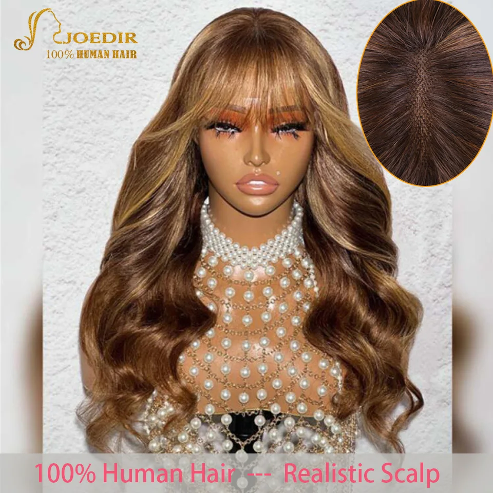 Naturalne brązowe body wave Ludzkie włosy Koronkowe peruki z zasłoną Grzywką Peruwiańskie włosy Remy Gotowe do noszenia Bezklejowe faliste peruki HD z koronką