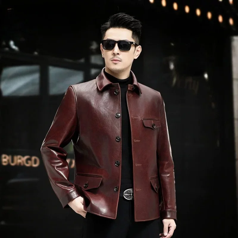 Tcyeek Real Leather Jacket for Man Business Casual Clothes Vegetable Tanning Horsehide Coat Autumn Mens Coats Cashmere Lining