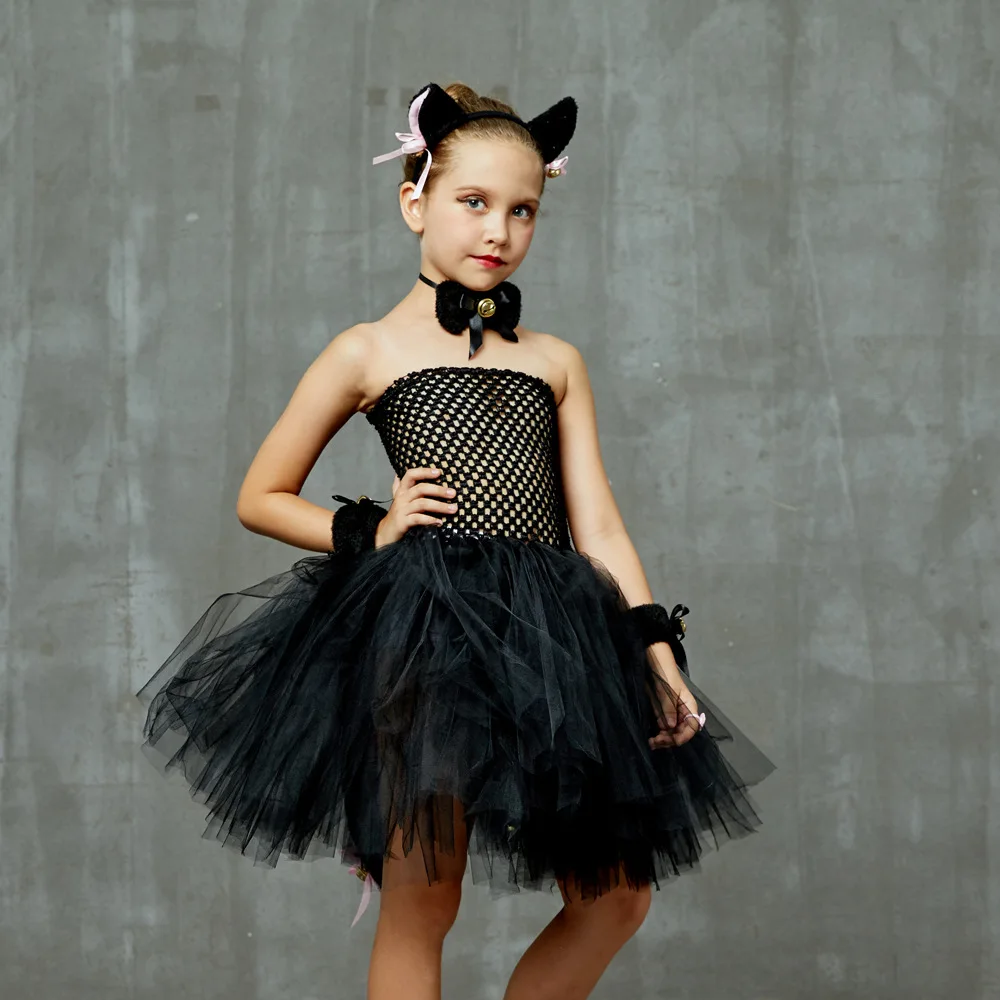 Halloween Girls Black Cat Wear Tulle Tutu Dress Set With Bell Ear Headband And Tail Mesh Dress Outfit Kids Animal Themed Apparel