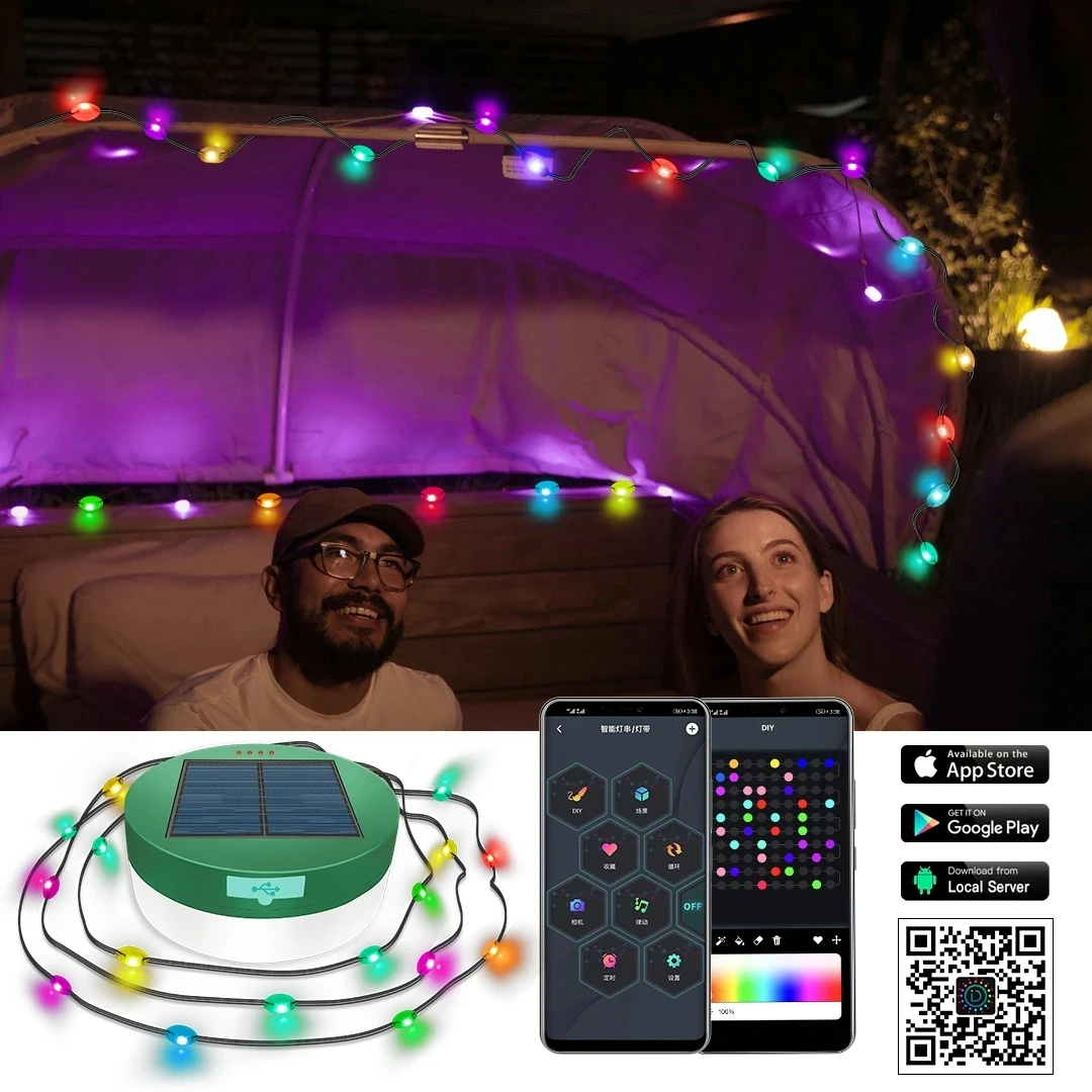 Solar String Lights Outdoor Smart APP Control Camping Rechargeable Waterproof Emergency RGB Tent Solar Garland Garden Lights