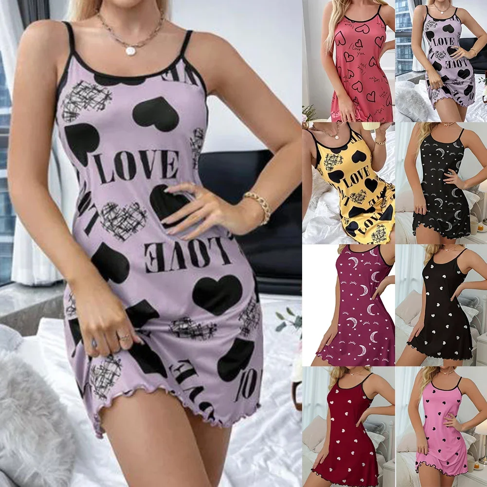 Fashionable Halter Mini Dress Women Sleepwear With Cute Heart Print Breathable Milk Silk Fabric Suitable For Home