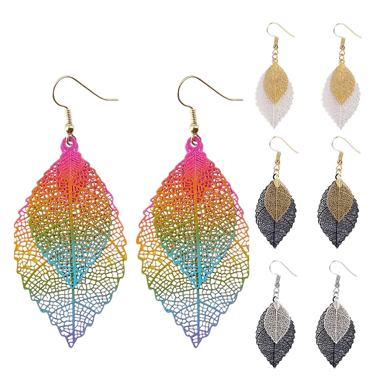 European and American Leaf Earrings Golden Simple Double-Layer Hollow Leaf Earrings Retro 4 Pairs