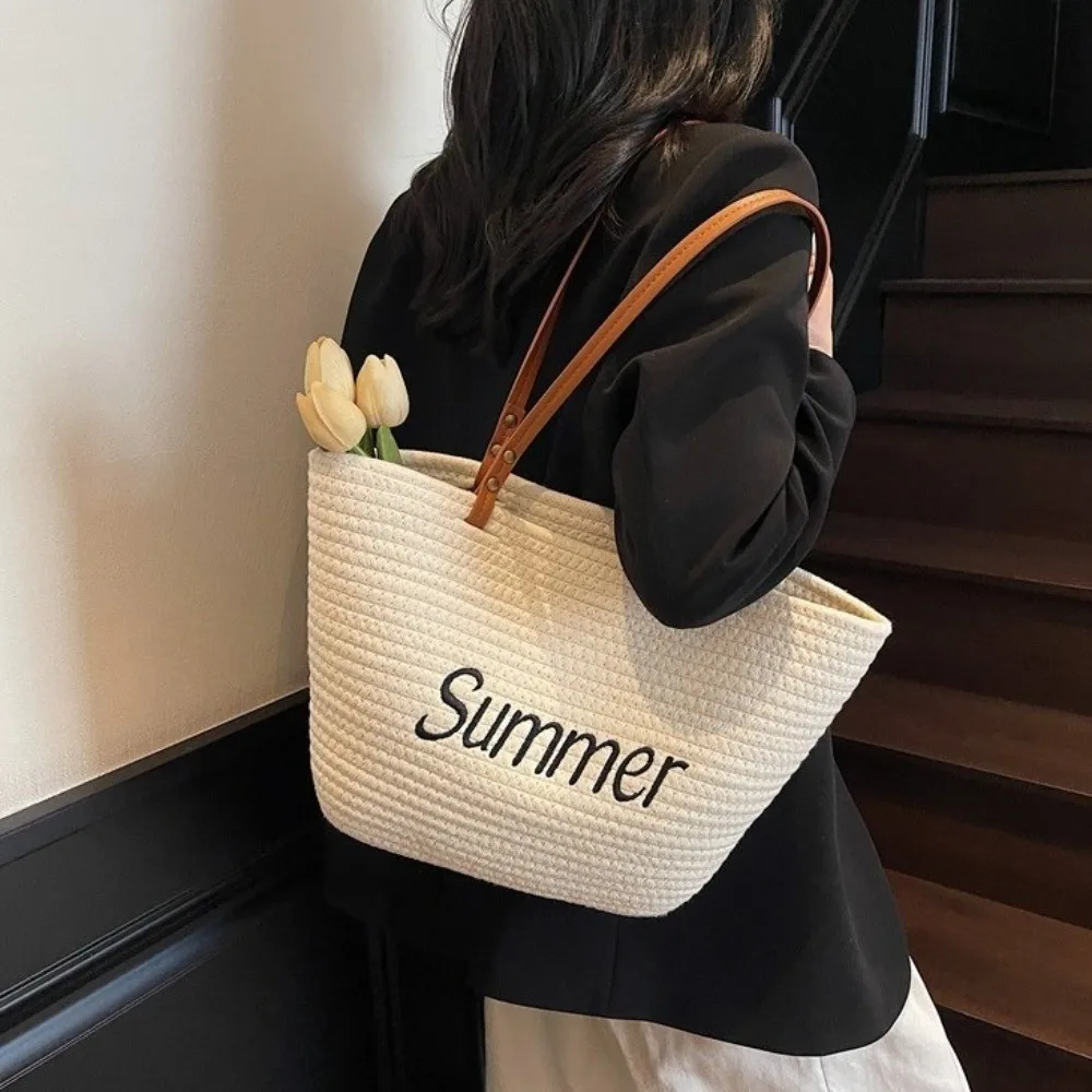 

Простая женская сумка-тоут из хлопкового каната, однотонная, в корейском стиле, плетеная, пляжная, большая вместимость, летняя